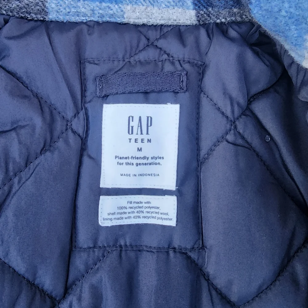GAP Kids Boy's Work Shirt Jacket Shacket Lined Insulated Plaid Blue Gray, Size M